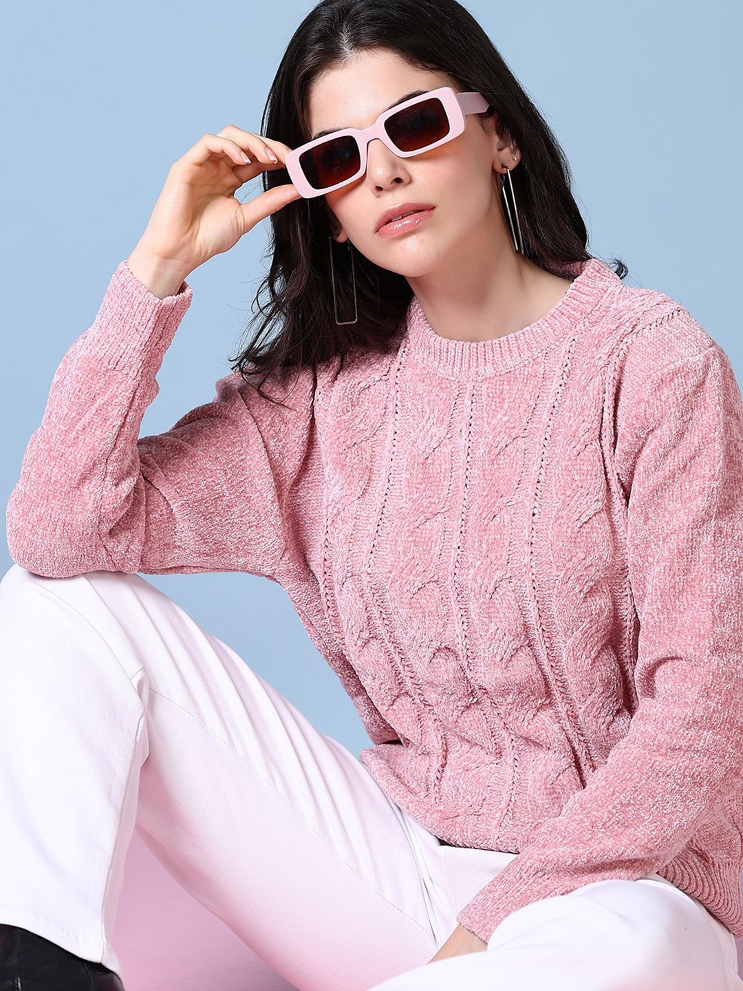

V-Mart Women Cable Knit Cotton Pullover, Pink