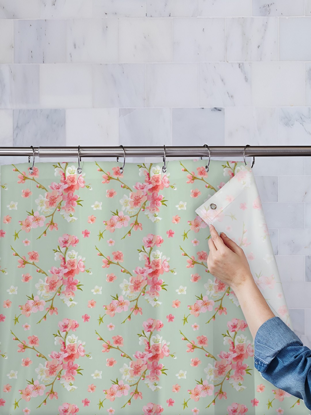 

ArtzFolio Green & Pink Floral Printed Waterproof Shower Curtain