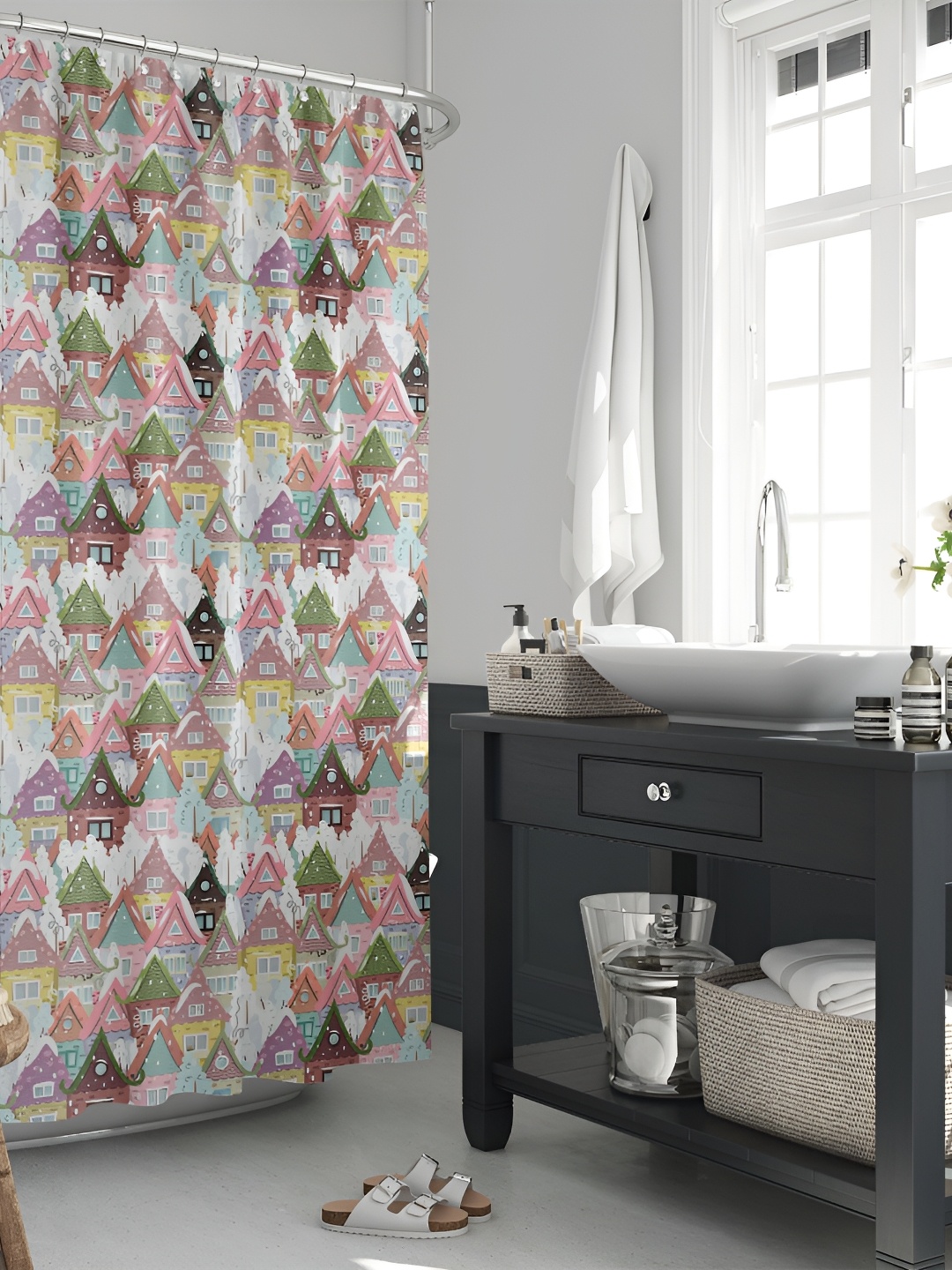 

ArtzFolio Pink & White Printed Waterproof Shower Curtain