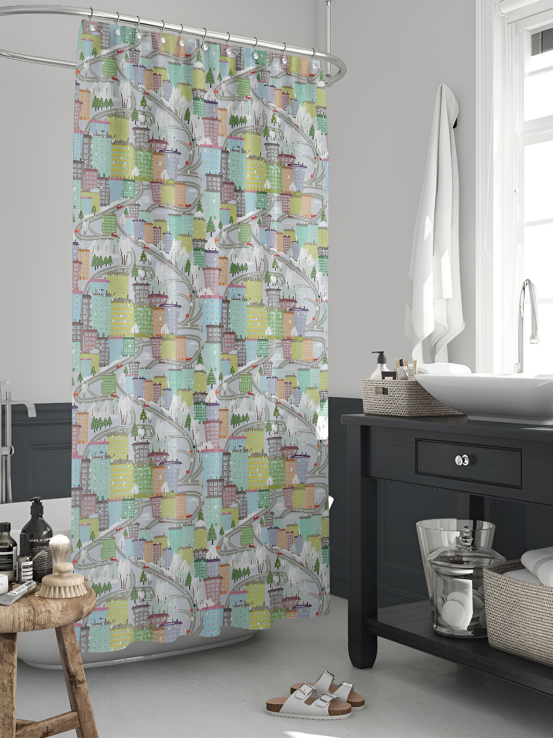 

ArtzFolio Off White & Blue Printed Waterproof Shower Curtain