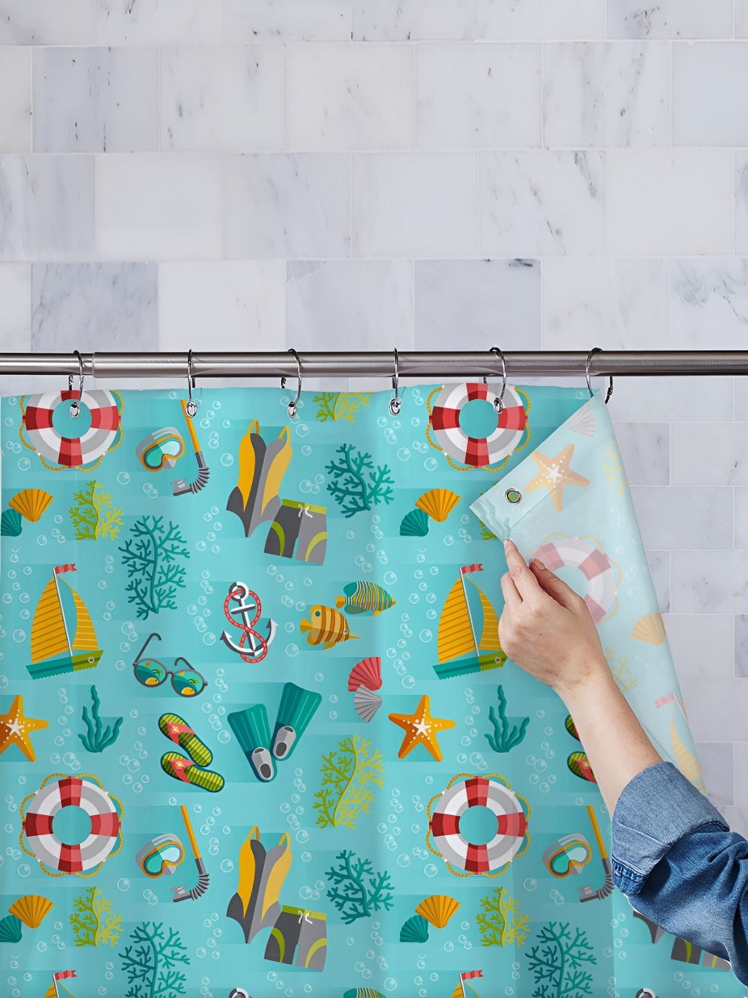 

ArtzFolio Blue & Green Printed Water Proof Shower Curtain