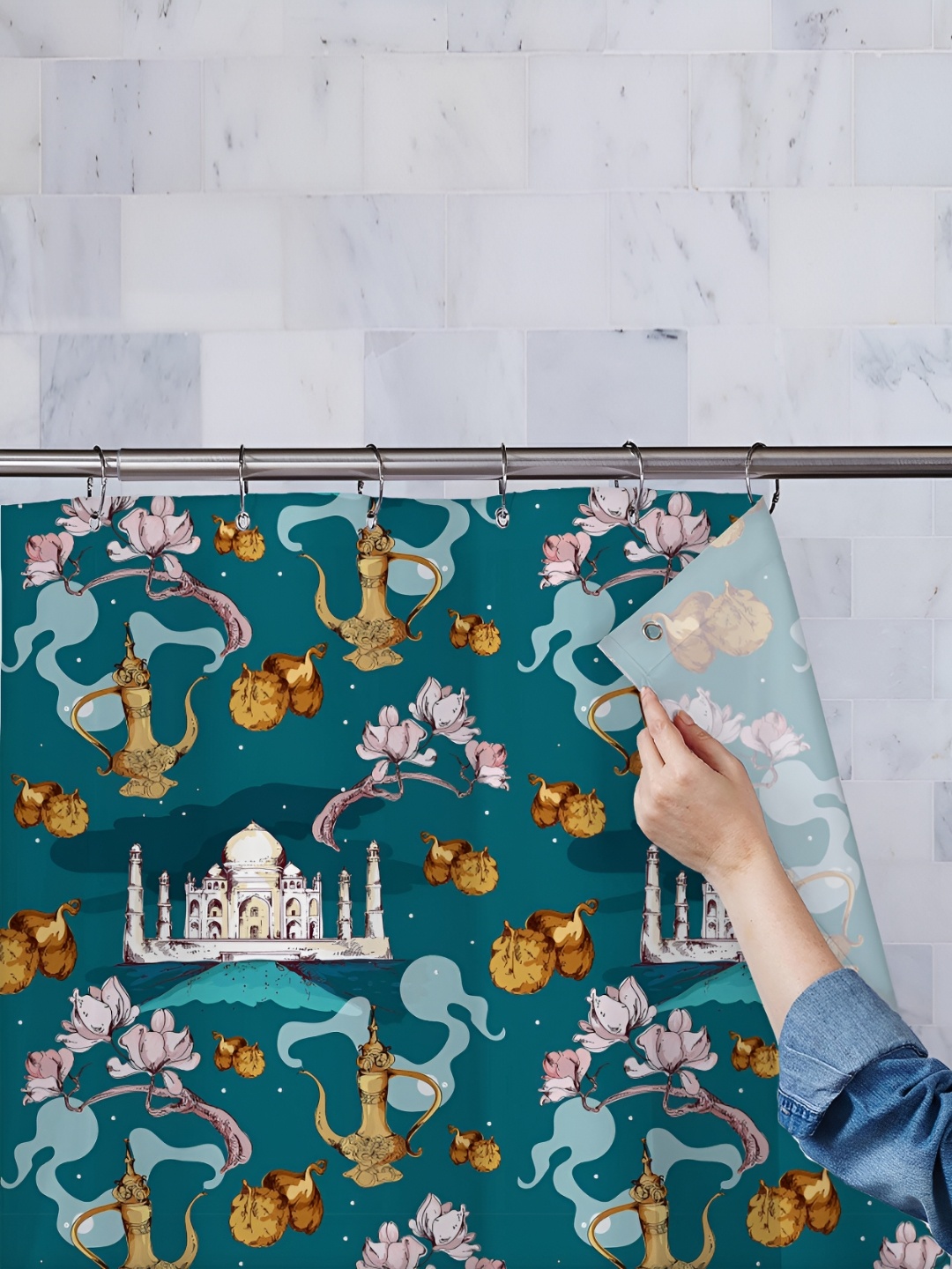 

ArtzFolio Teal & White Printed Waterproof Shower Curtains