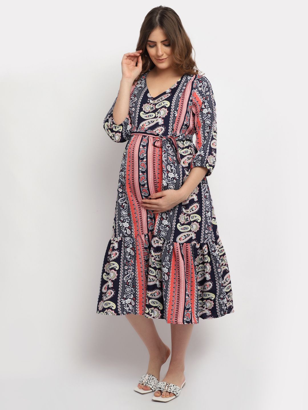 

Moms Maternity Women Ethnic Printed Maternity Fit & Flare Midi Dress, Black