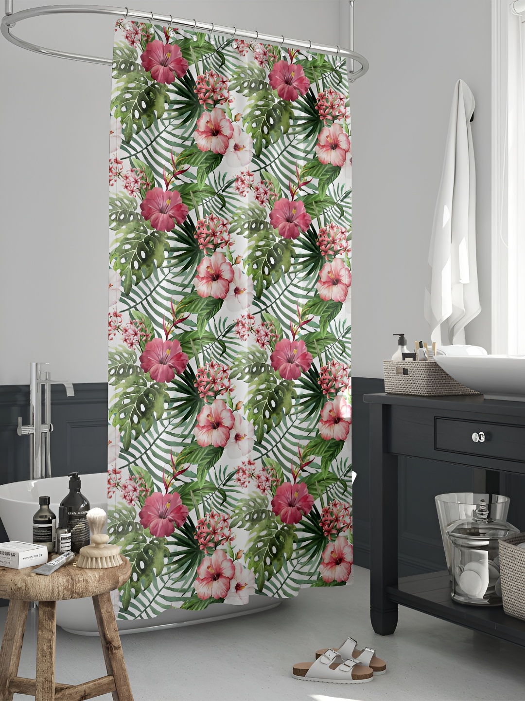 

ArtzFolio White & Green Floral Printed Waterproof Shower Curtain