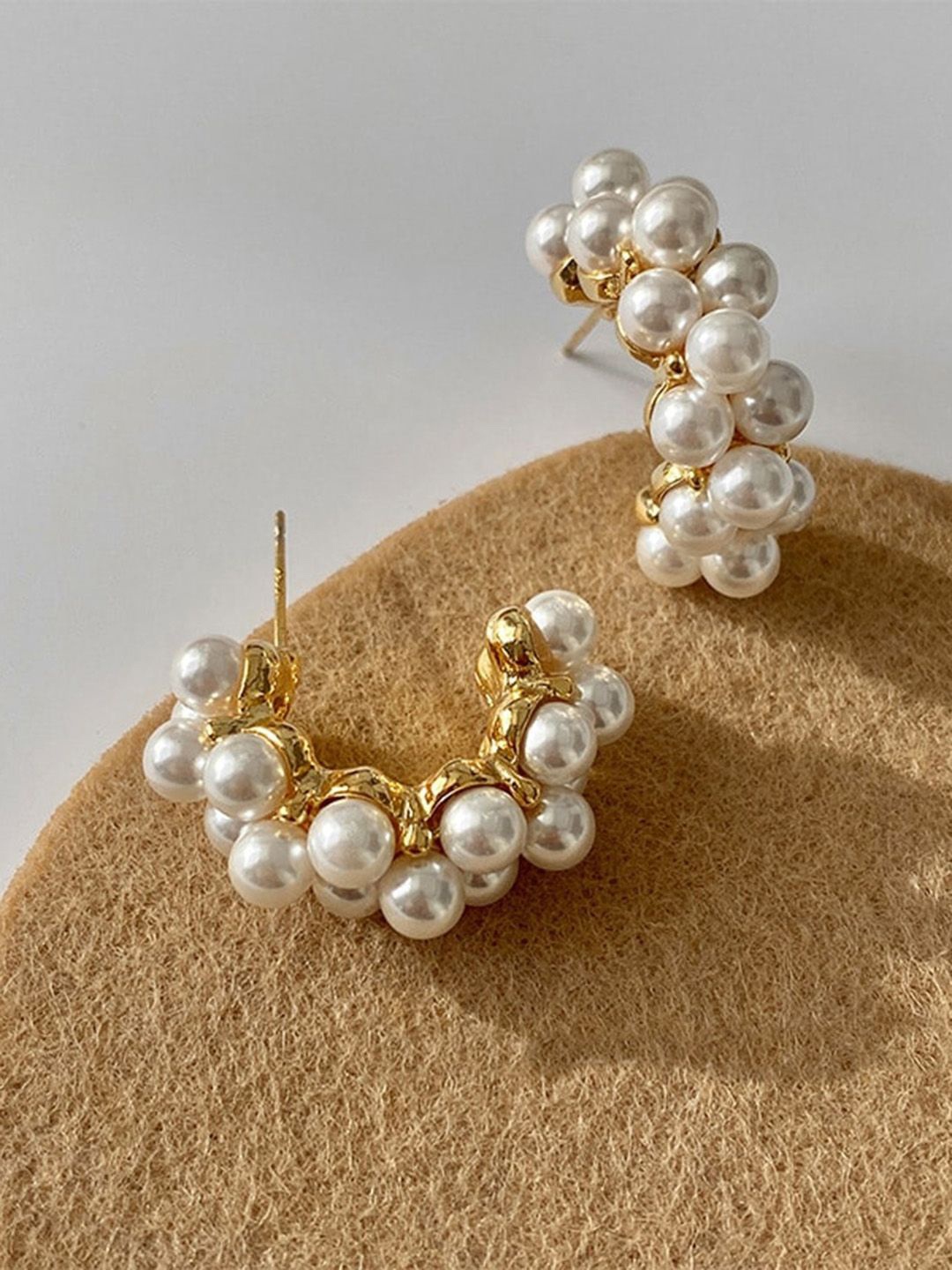 

DressBerry Gold Plated Classic Pearl Studded Stainless Steel Half Hoop Earrings
