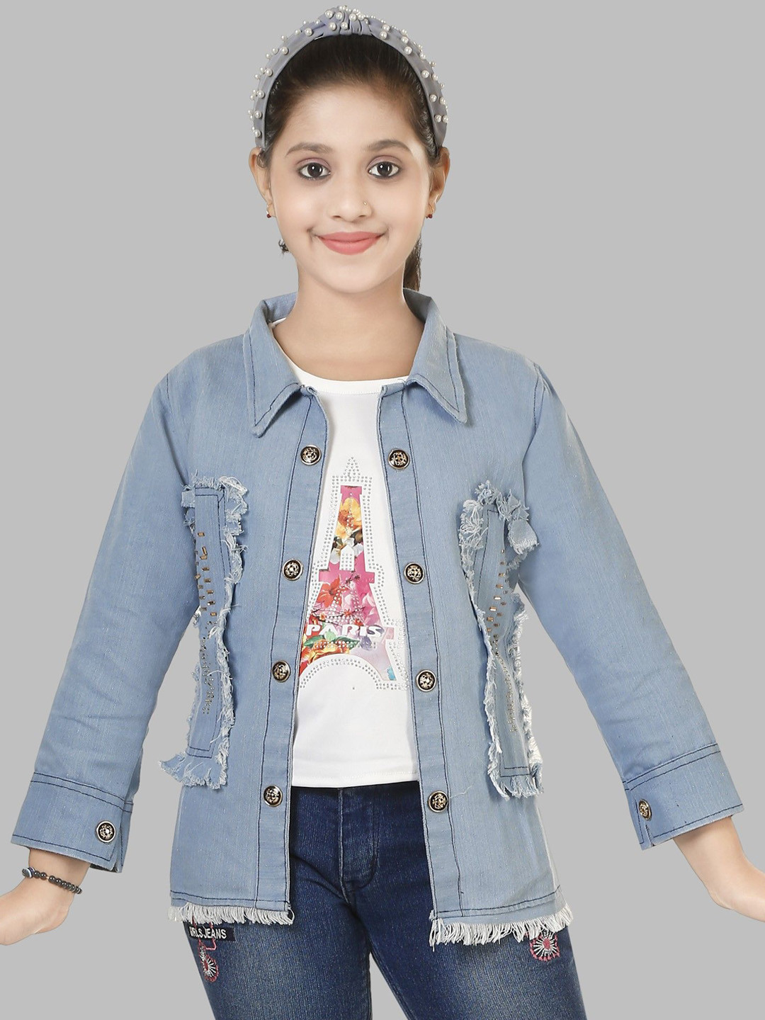 

CELEBRITY CLUB Girls Floral Cotton Longline Denim Jacket with Embroidered, Blue