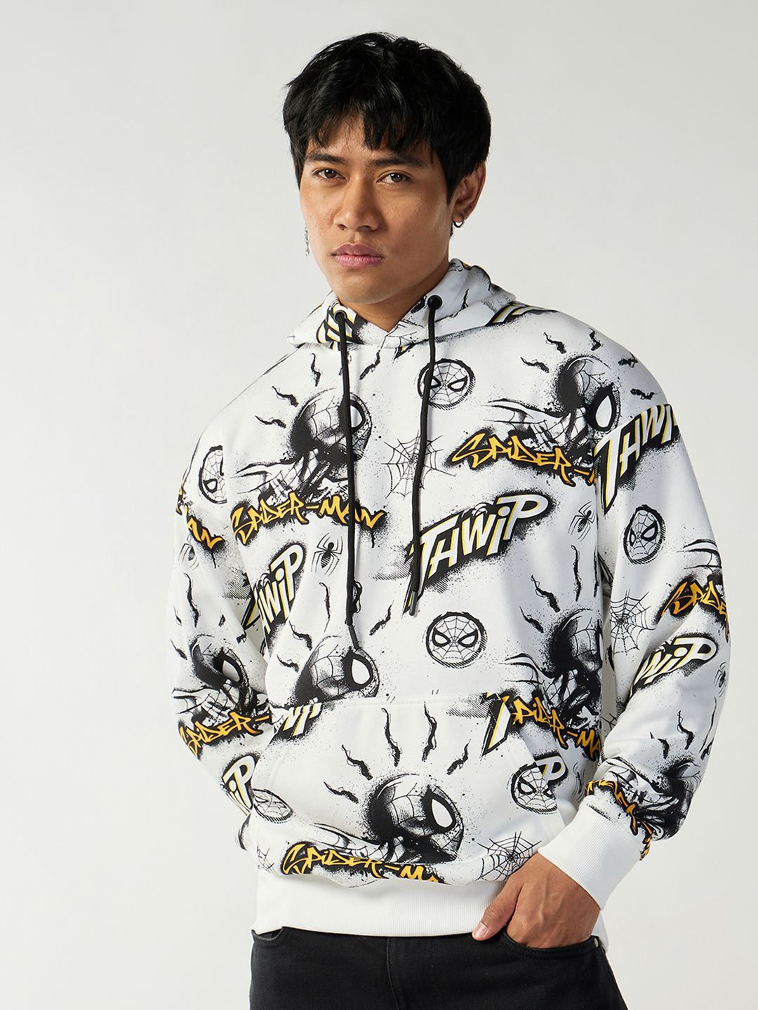 

Bewakoof Heavy Duty Men Printed Hooded Sweatshirt, White