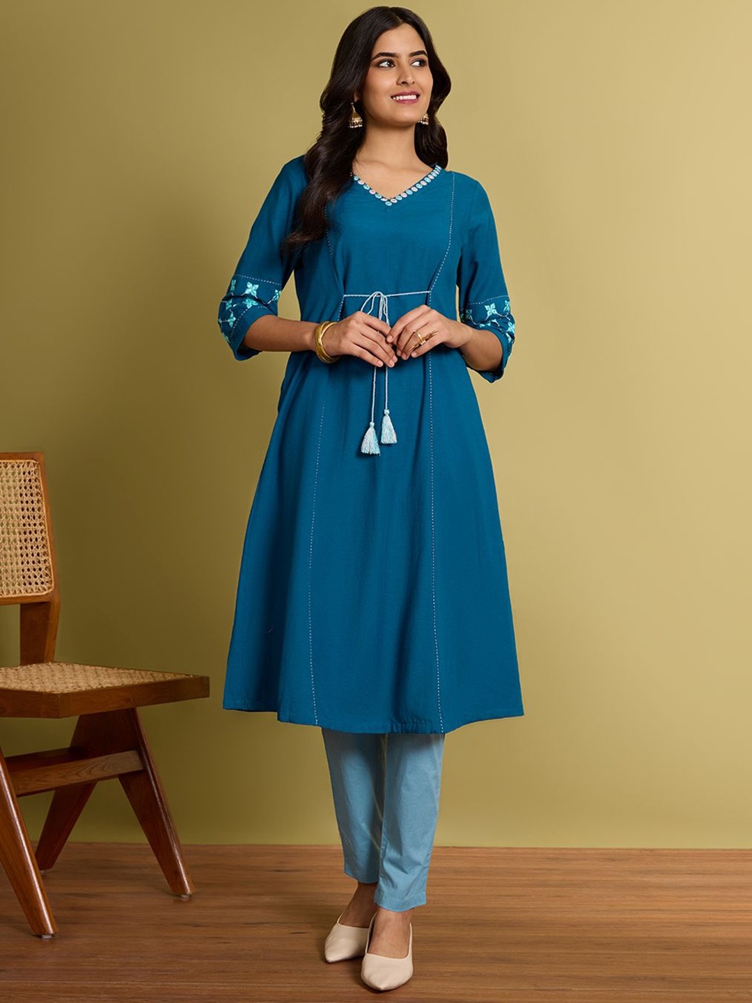 

Taneira V-Neck Mirror Work Indigo Anarkali Kurta, Blue