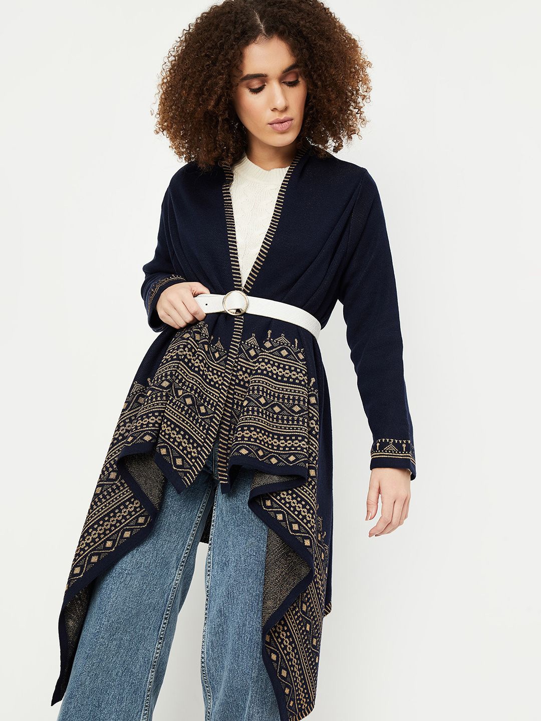 

max Printed Open Front Longline Shrug, Blue