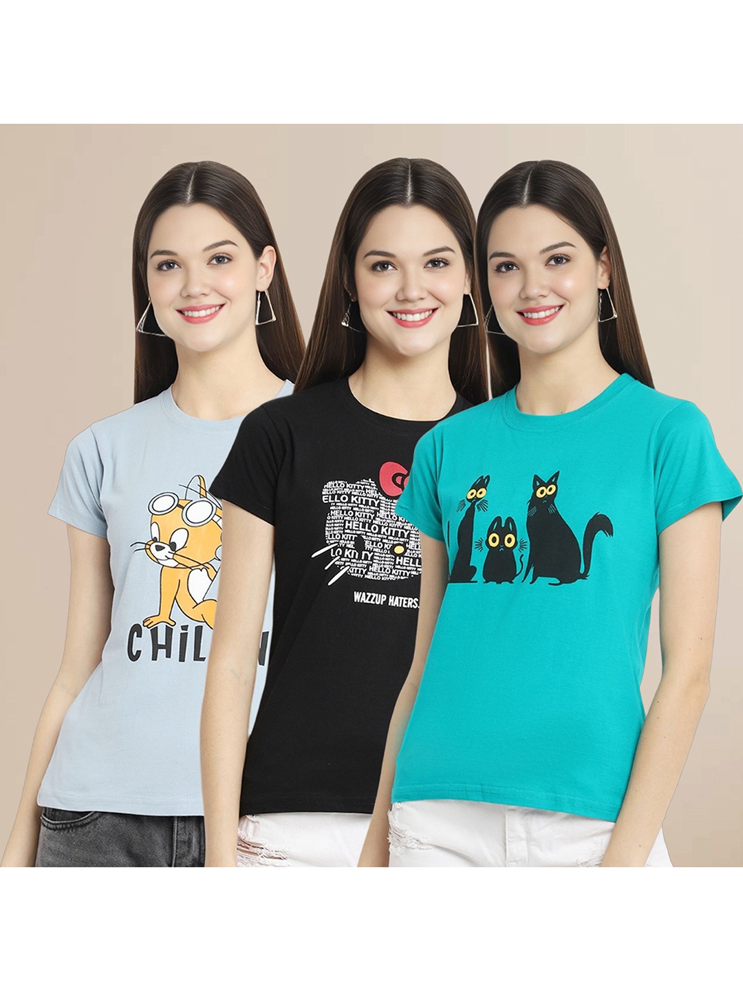 

Metronaut Women Pack Of 3 Graphic Printed Round Neck Cotton Tom & Jerry T-shirts, Blue