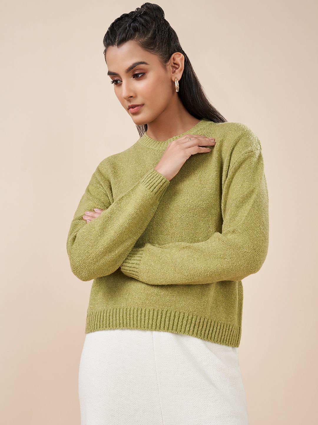 

AKKRITI BY PANTALOONS Women Round Neck Pullover Sweaters, Olive