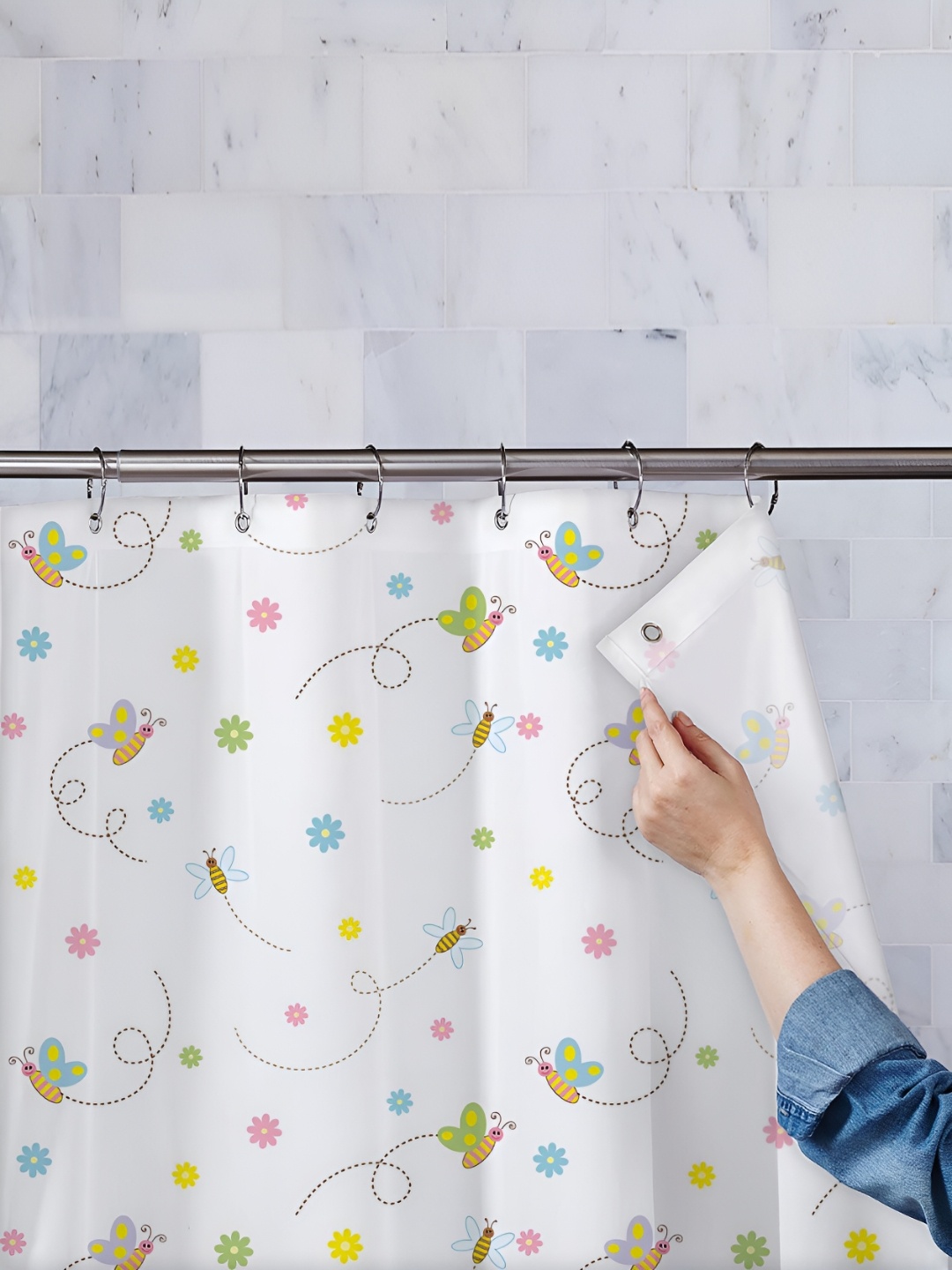

ArtzFolio White & Blue Printed Waterproof Shower Curtain