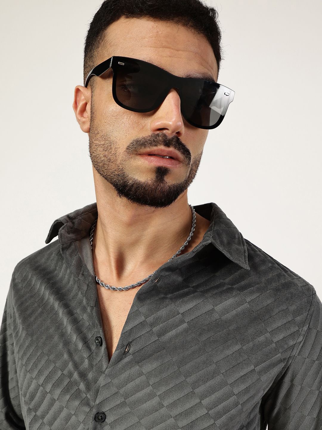 

Thomas Scott Men Premium Spread Collar Textured Slim Fit Casual Shirt, Grey