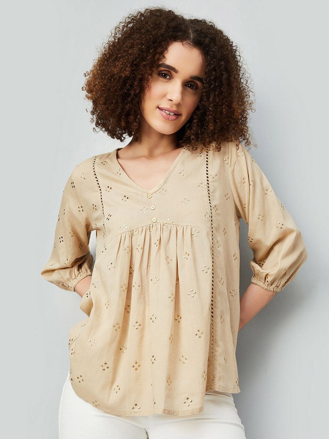 

max Women V-Neck Embroidered Cotton Top, Beige