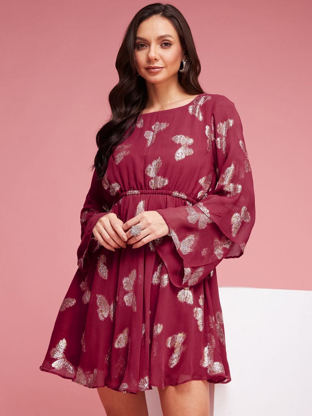 

DEPANO Women Floral Printed Flutter Sleeve Georgette Fit - Flare Mini Dress, Red