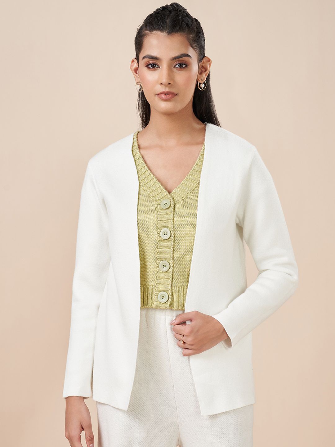 

AKKRITI BY PANTALOONS Women Open-Front Long Sleeves Casual Shrug, Off white