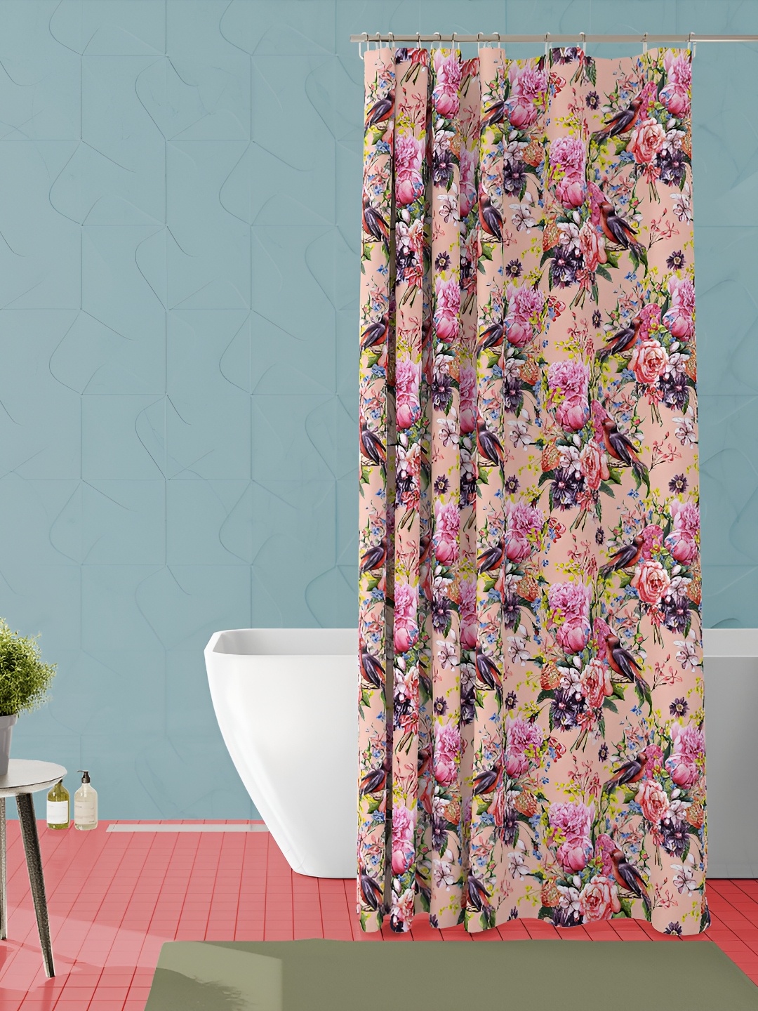 

ArtzFolio Peach-Green & Pink Printed Waterproof Shower Curtain