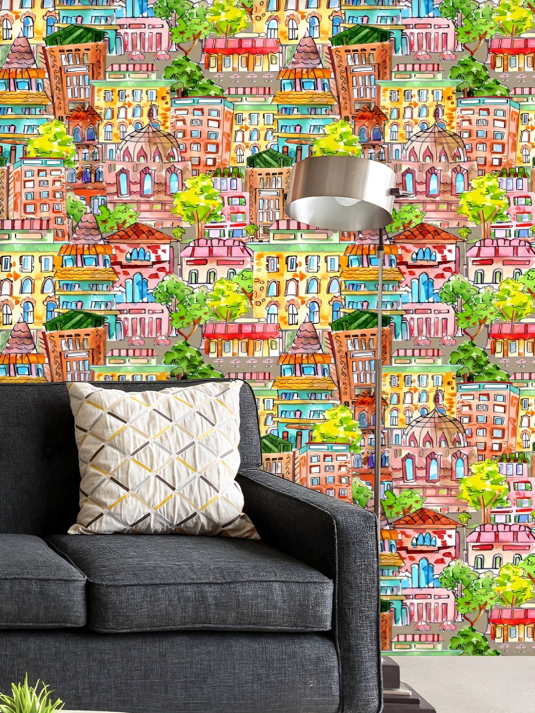 

ArtzFolio Printed UV-Resistant Anti-Bacterial Watercolor Cute Cityscape Peel & Stick Wallpaper, Multi