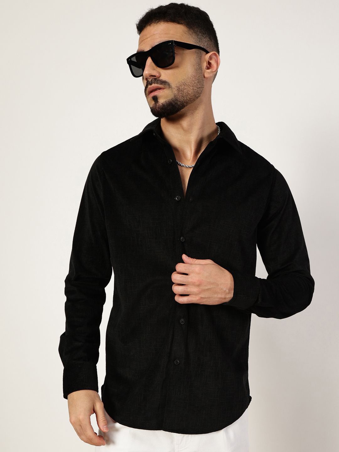 

Thomas Scott Men Premium Spread Collar Textured Slim Fit Casual Shirt, Black