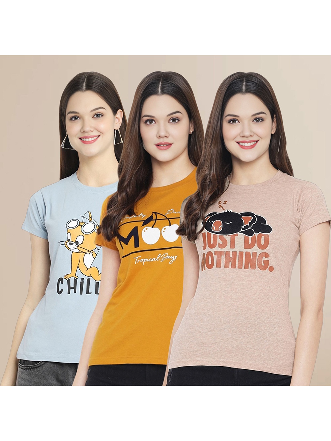 

Metronaut Women Pack Of 3 Graphic Printed Round Neck Cotton Tom & Jerry T-shirts, Blue