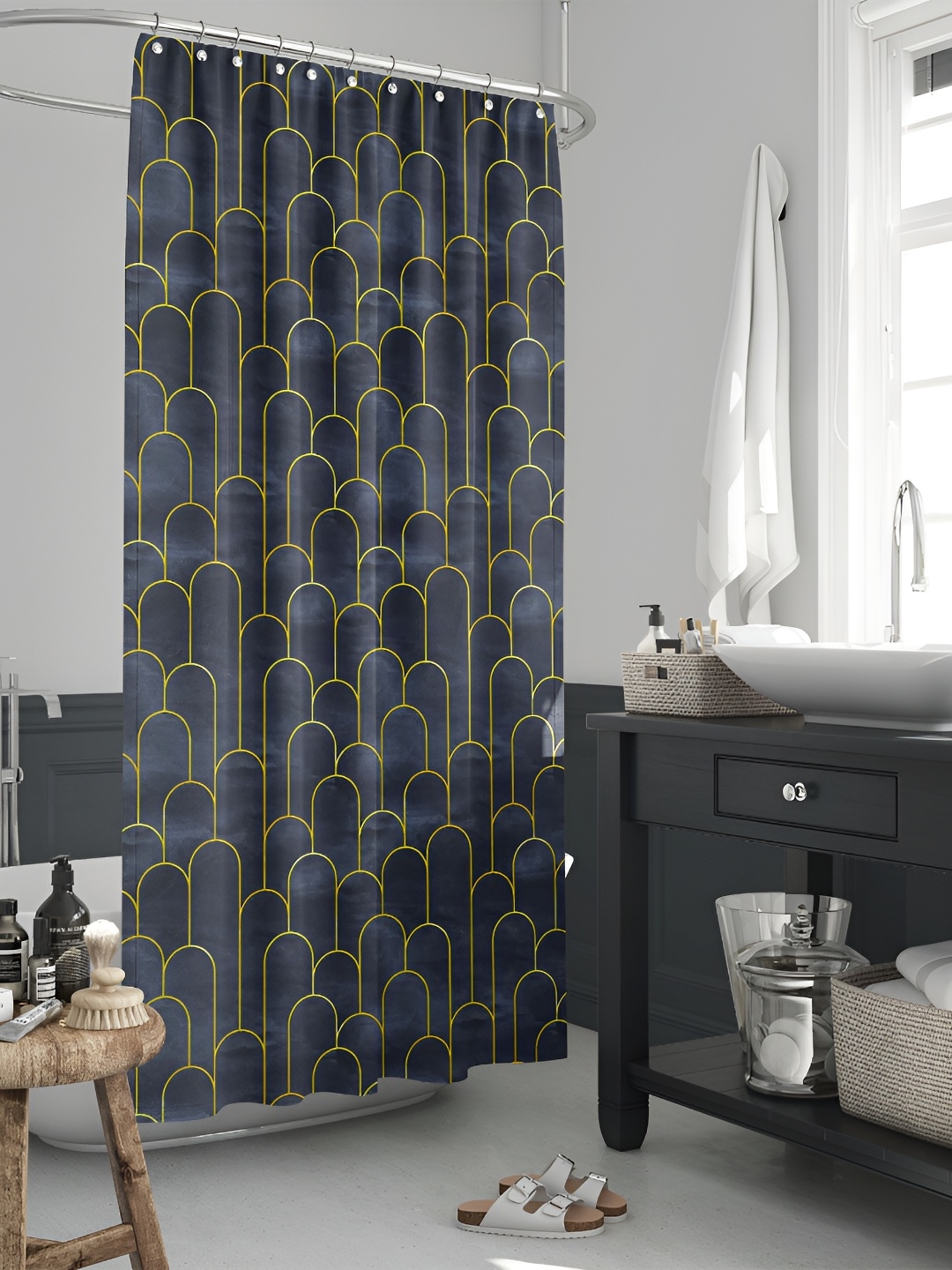 

ArtzFolio Navy Blue & Yellow Geometric Printed Waterproof Shower Curtain