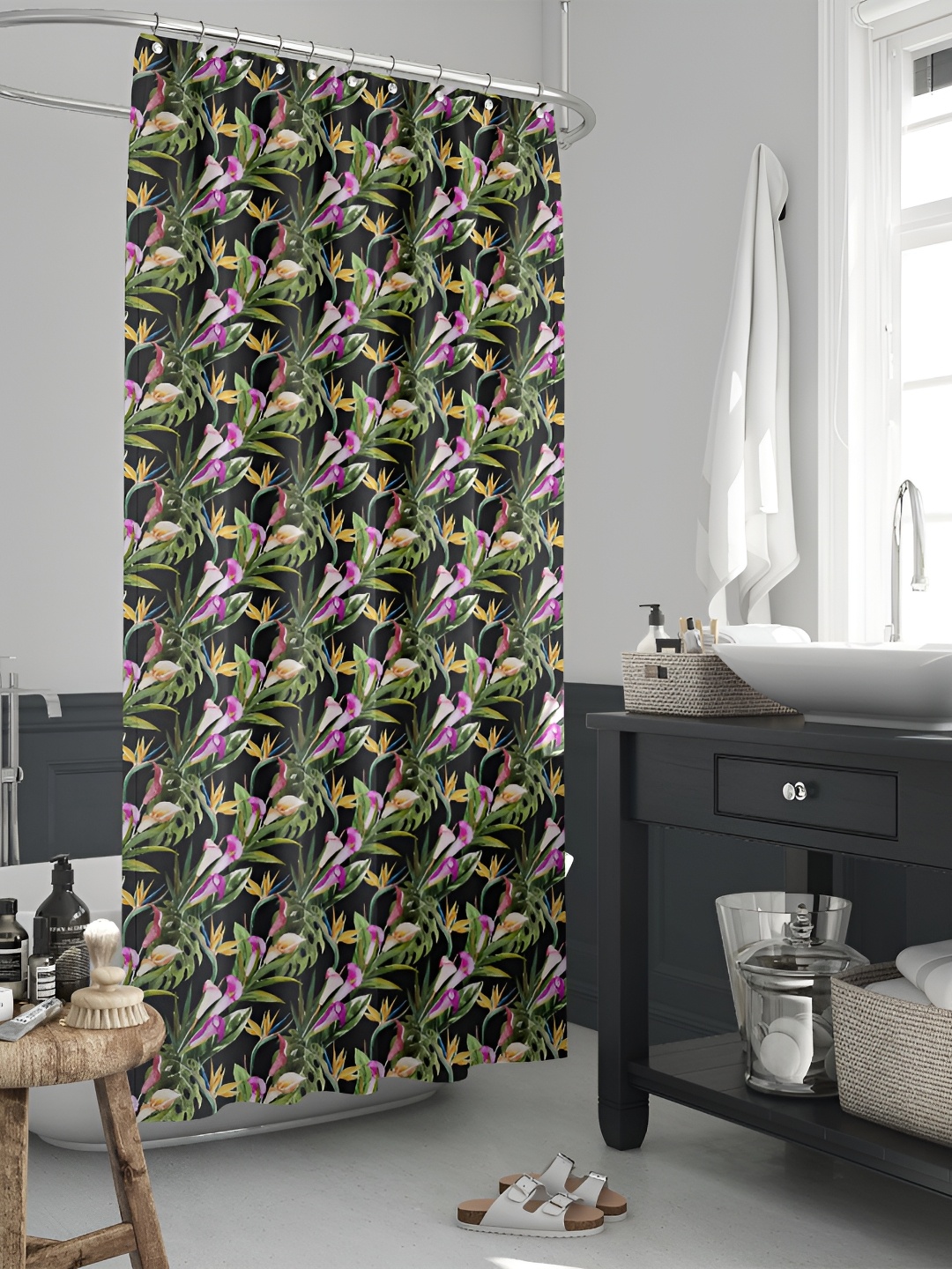 

ArtzFolio Black & Green Floral Printed Waterproof Shower Curtain