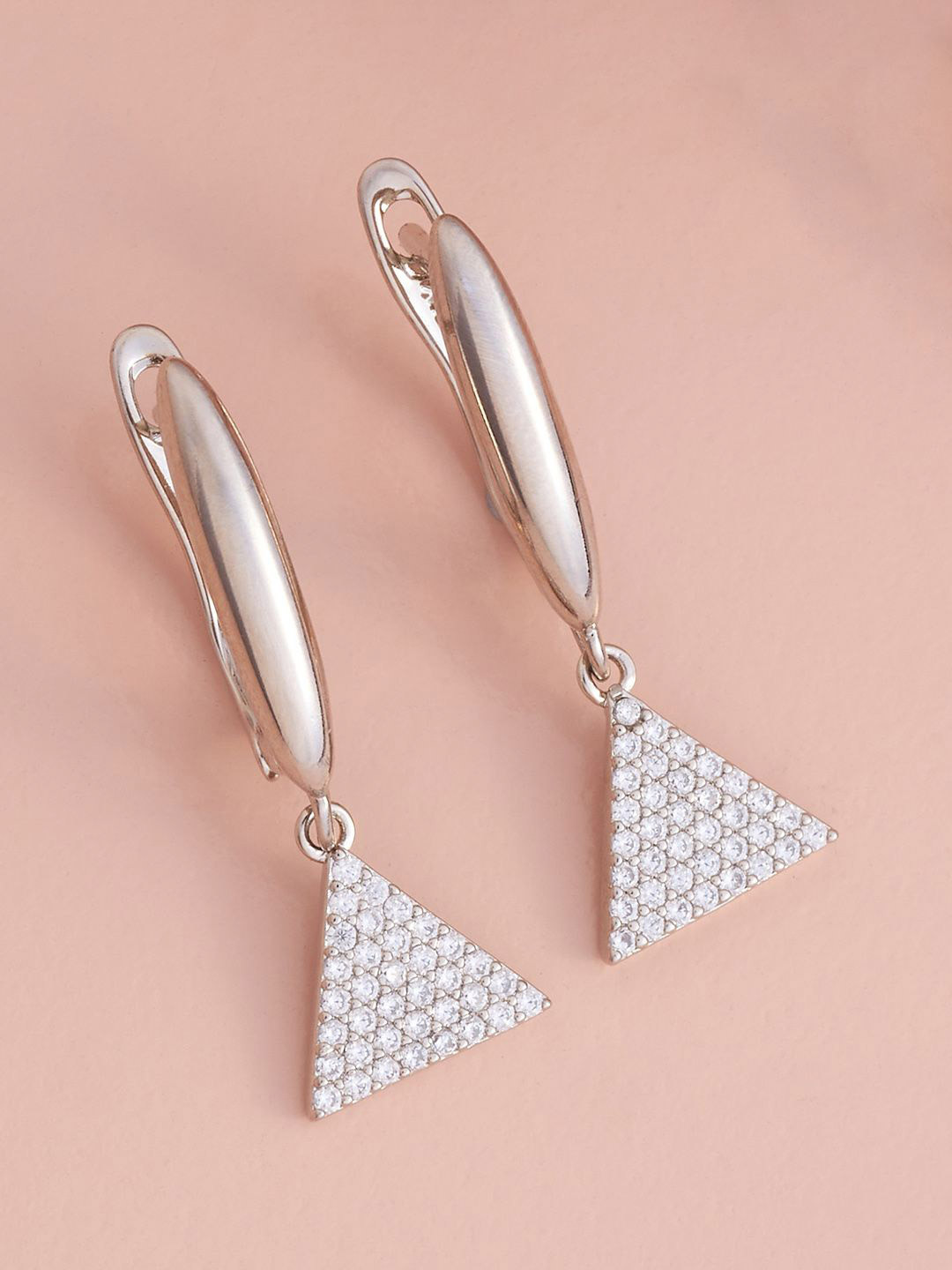 

Kushal's Fashion Jewellery Rhodium-Plated Zircon Studded Triangular Drop Earrings, Silver