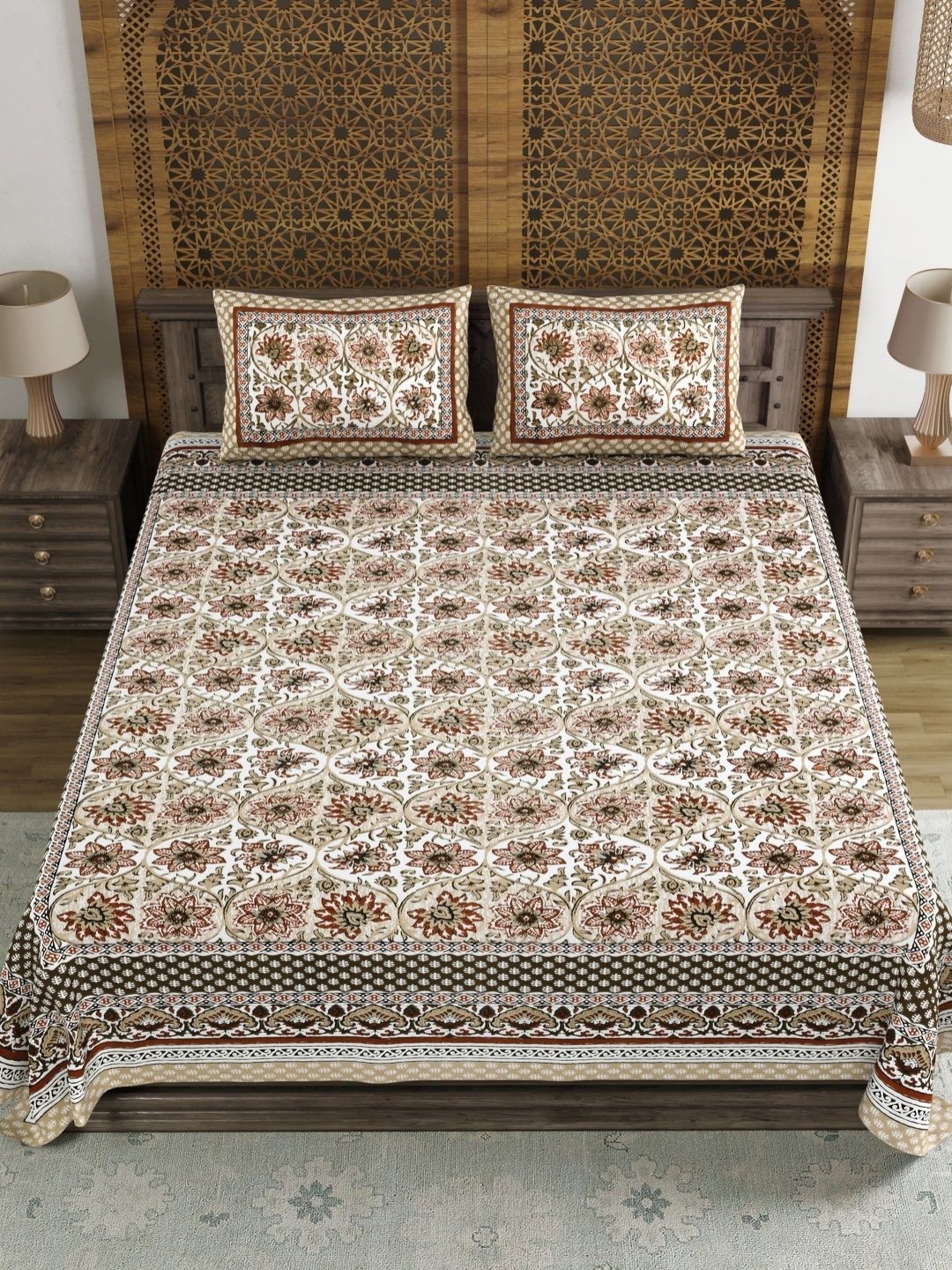 

BLOCKS OF INDIA Brown & White Ethnic Motifs 120 TC King Bedsheet Set 2.18 m x 2.64 m