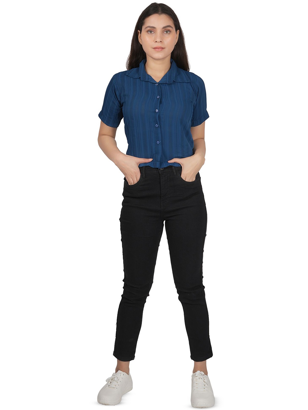 

SNIFFY Girls Spread Collar Vertical Striped Casual Shirt, Navy blue