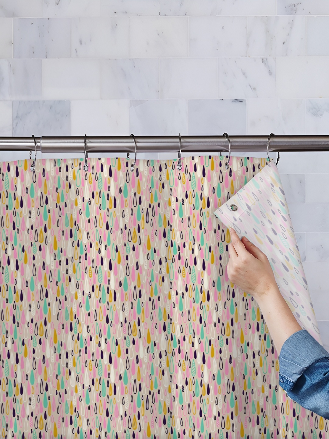 

ArtzFolio Pink, Green & White Printed Waterproof Shower Curtain