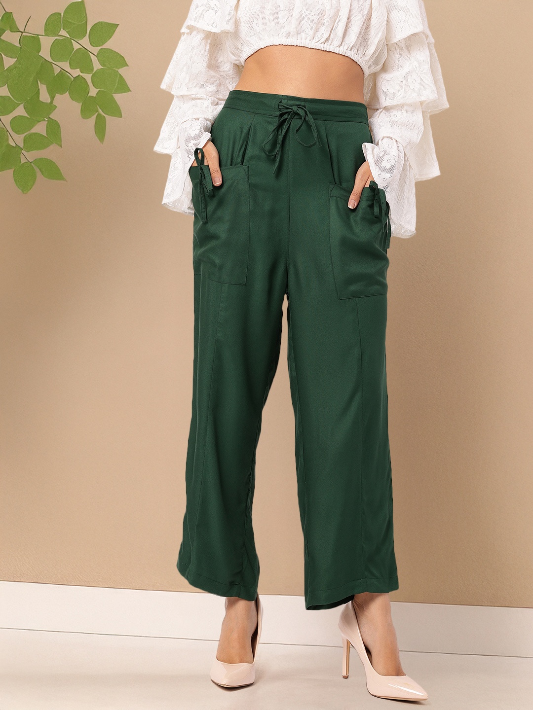 

DressBerry Women Chic Comfort Relaxed Fit Trousers with Box Pockets, Green