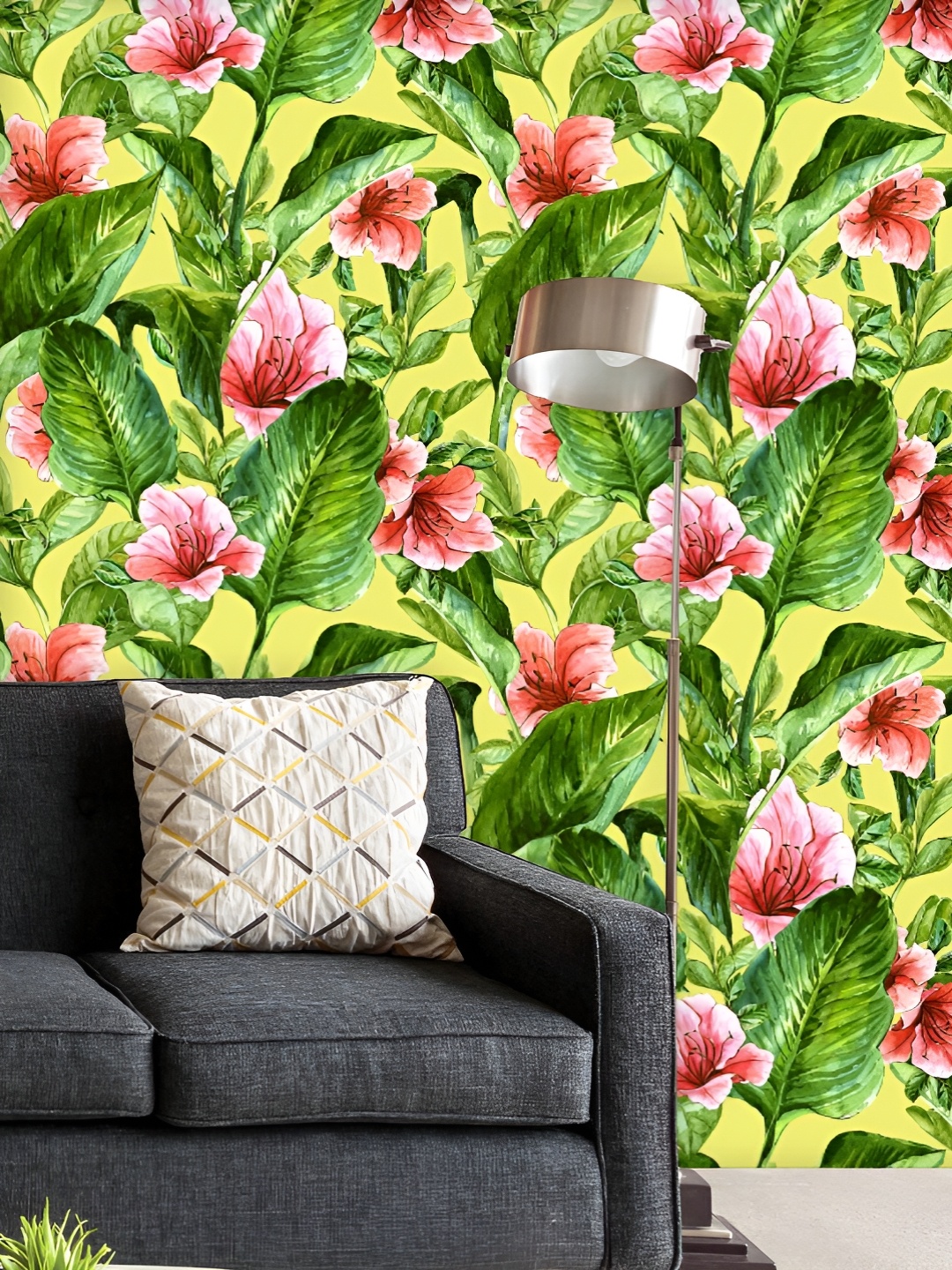 

ArtzFolio Printed UV-Resistant Anti-Bacterial Tropical Leaves Hibiscus Flowers Peel & Stick Wallpaper, Multi