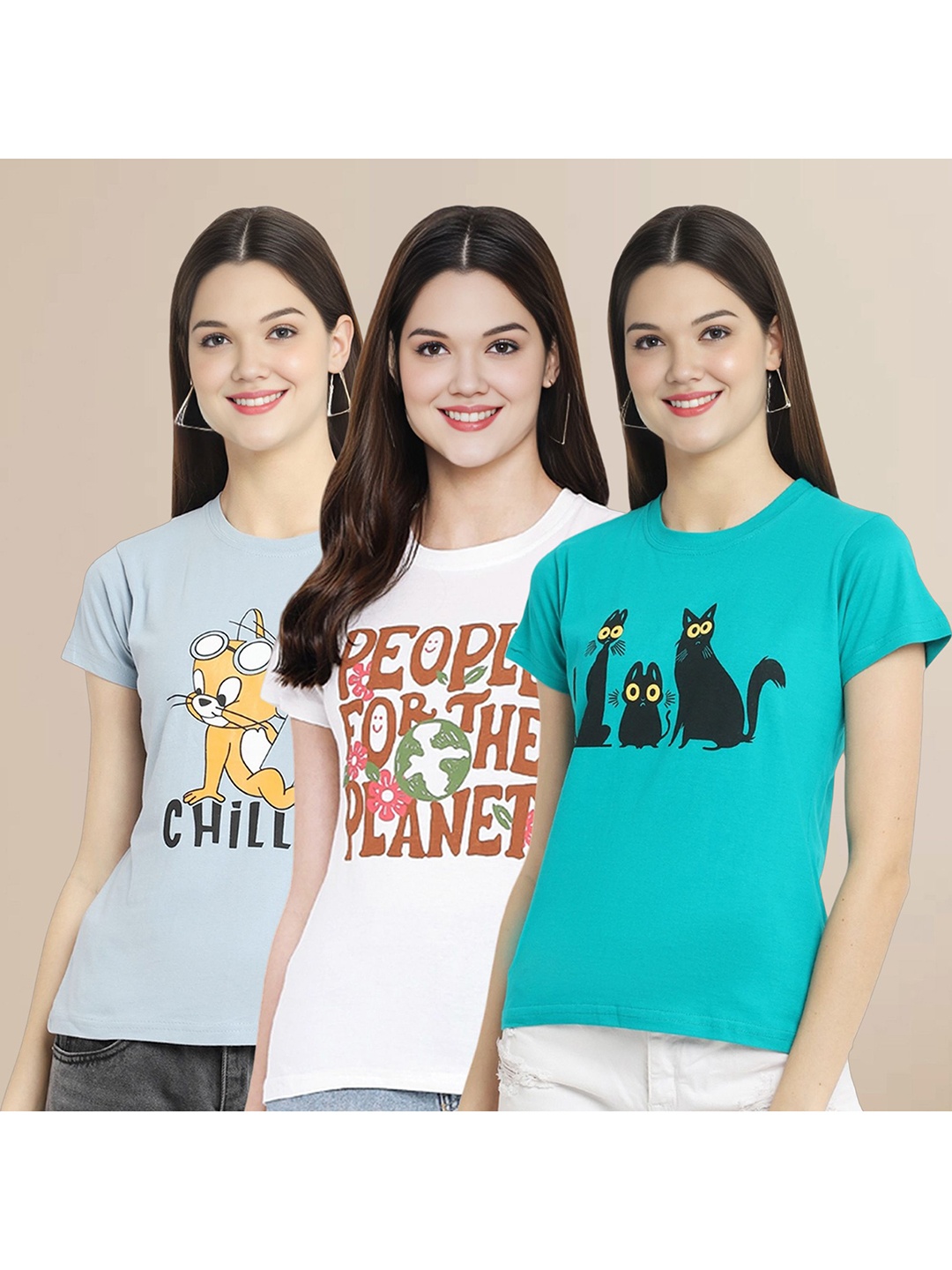 

Metronaut Women Pack Of 3 Graphic Printed Round Neck Cotton Tom & Jerry T-shirts, Blue