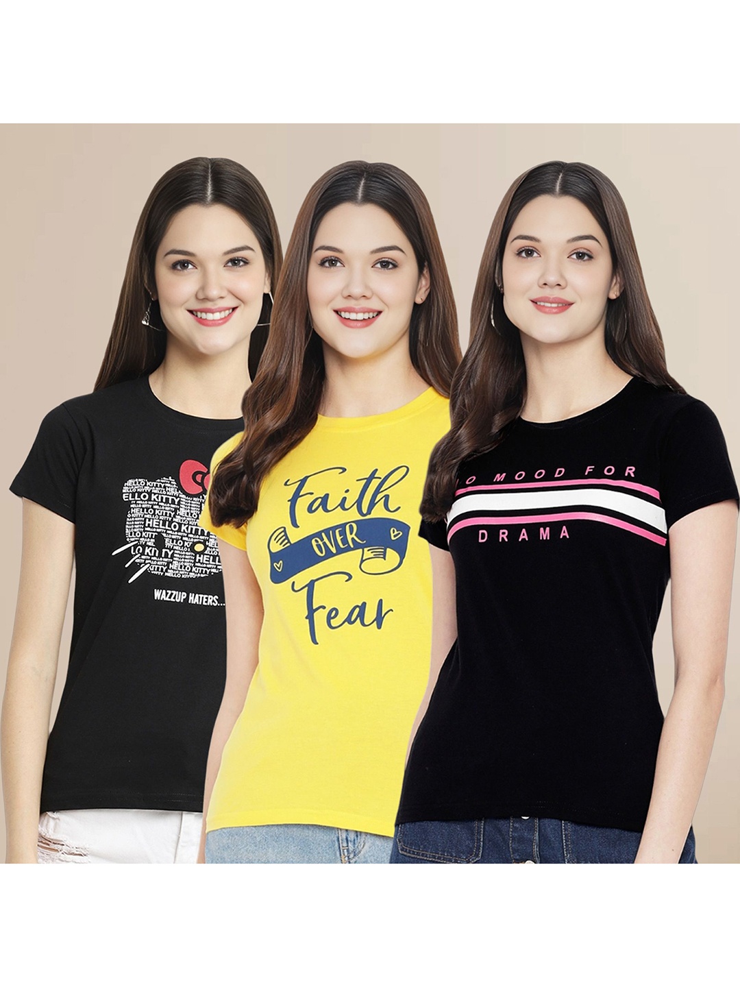 

Metronaut Women Pack Of 3 Typography Printed Round Neck Cotton T-shirts, Olive
