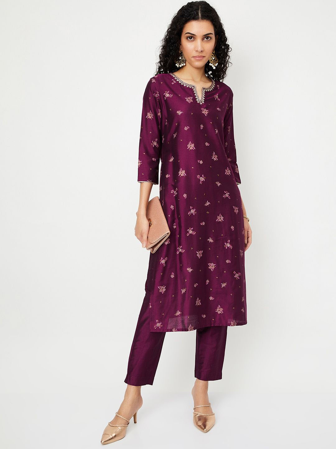 

max Floral Printed Sequinned Straight Kurta With Trouser, Purple