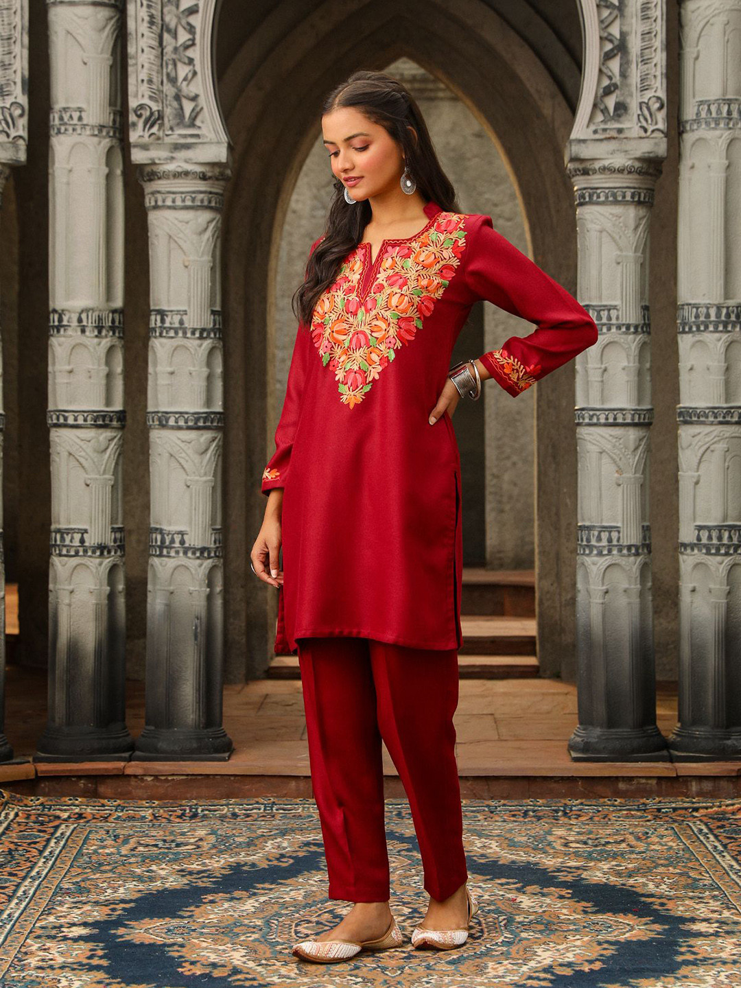 

House of Chikankari HOC Crafts Aari Woven Kurta Set, Maroon
