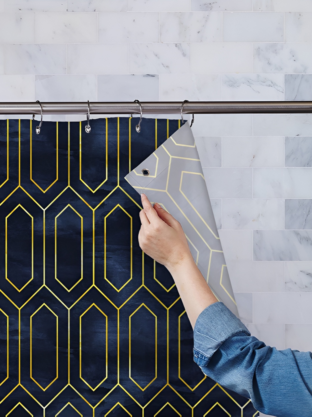 

ArtzFolio Navy Blue & Yellow Printed Waterproof Shower Curtain