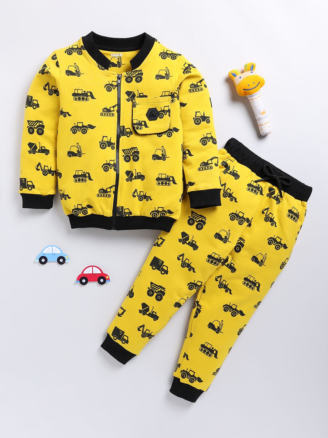 

MIMINO Boys Mandarin Collar Long Sleeves Printed Shirt & Pyjamas Night suits, Yellow