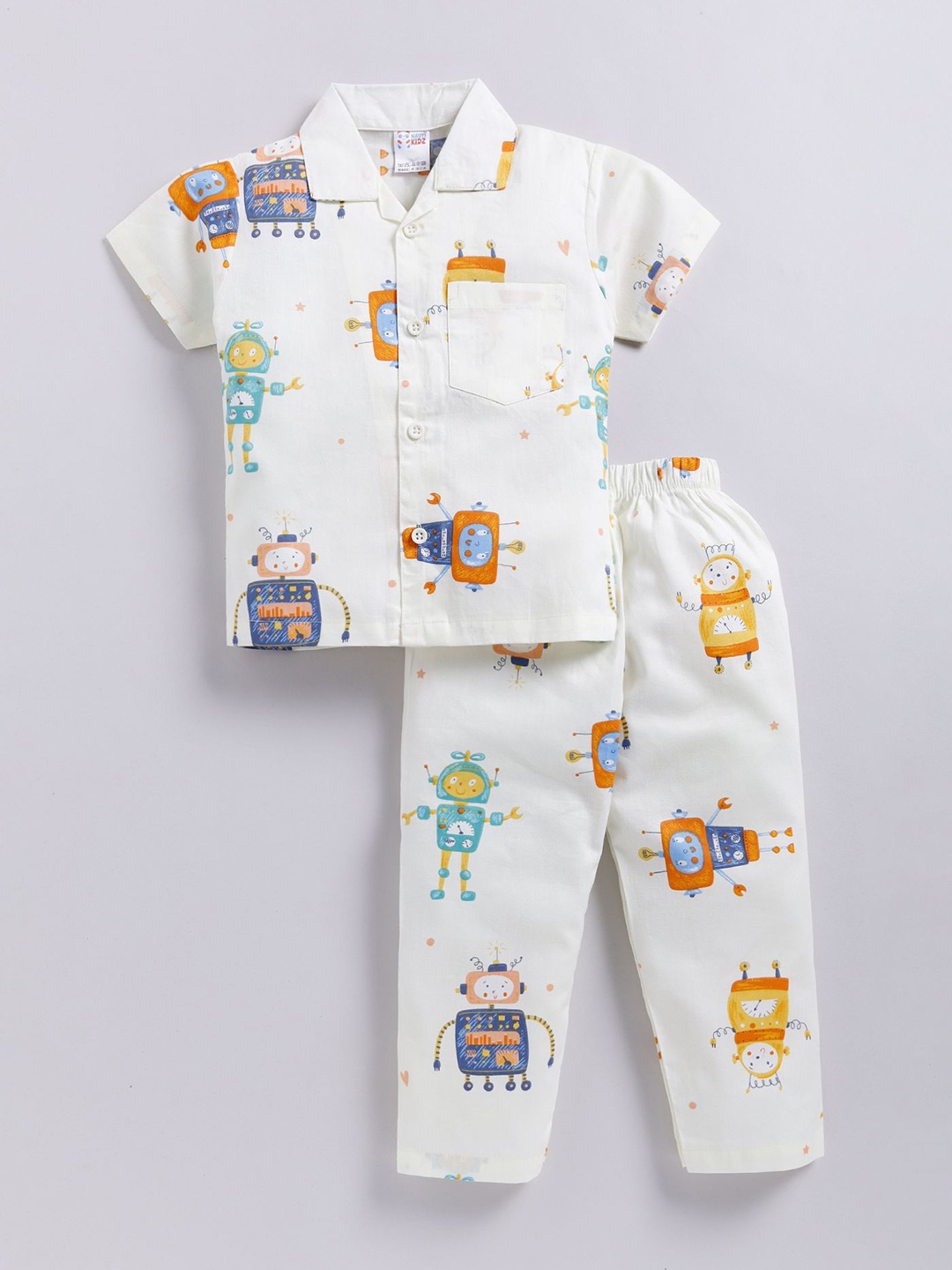 

NAUTI KIDZ Boys Printed Shirt Collar Pure Cotton Night Suit, Off white