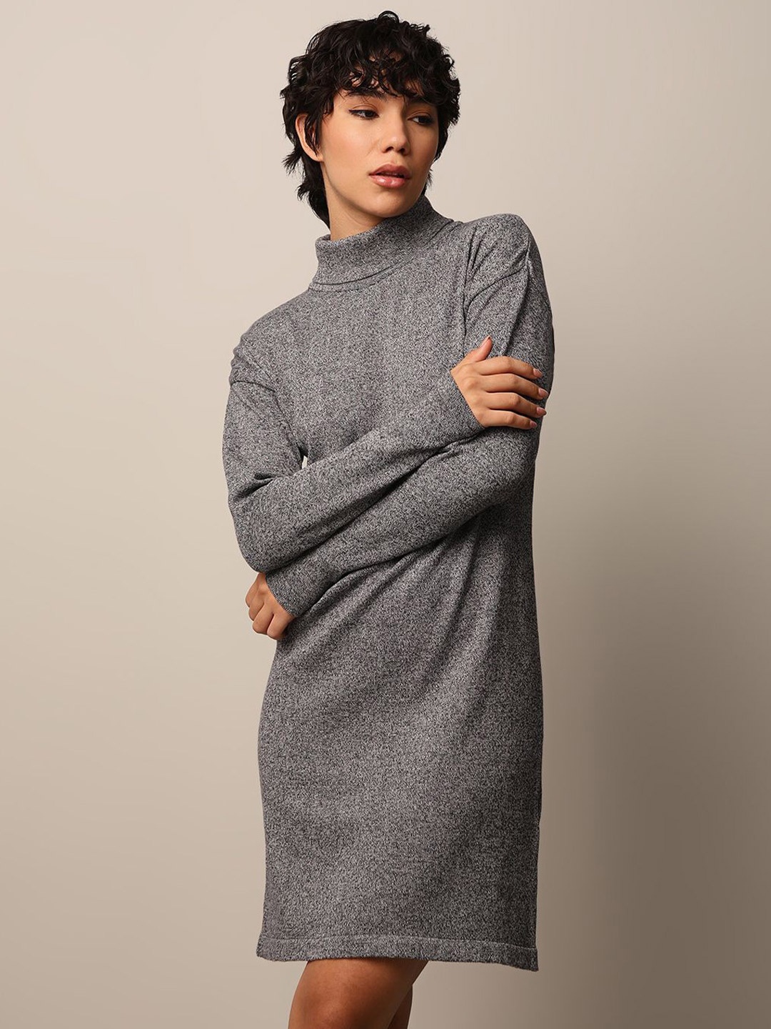 

ONLY Women Cotton High Neck A-Line Mini Dress, Grey