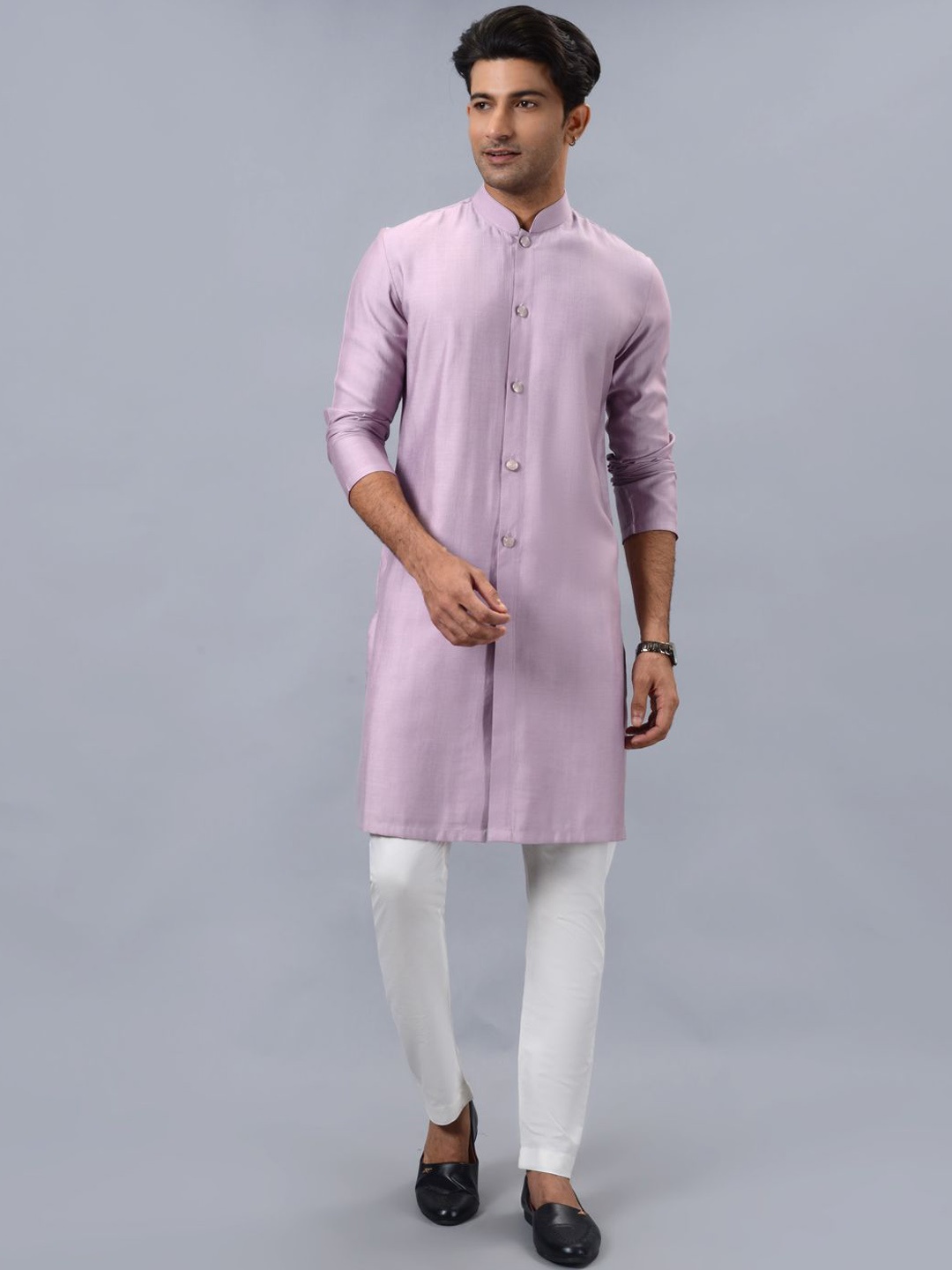 

azania Mandarin Collar Long Sleeves Straight Kurta with Pyjamas, Pink