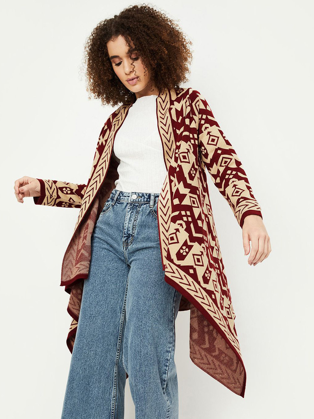 

max Ethnic Printed Open Front Shrug, Red