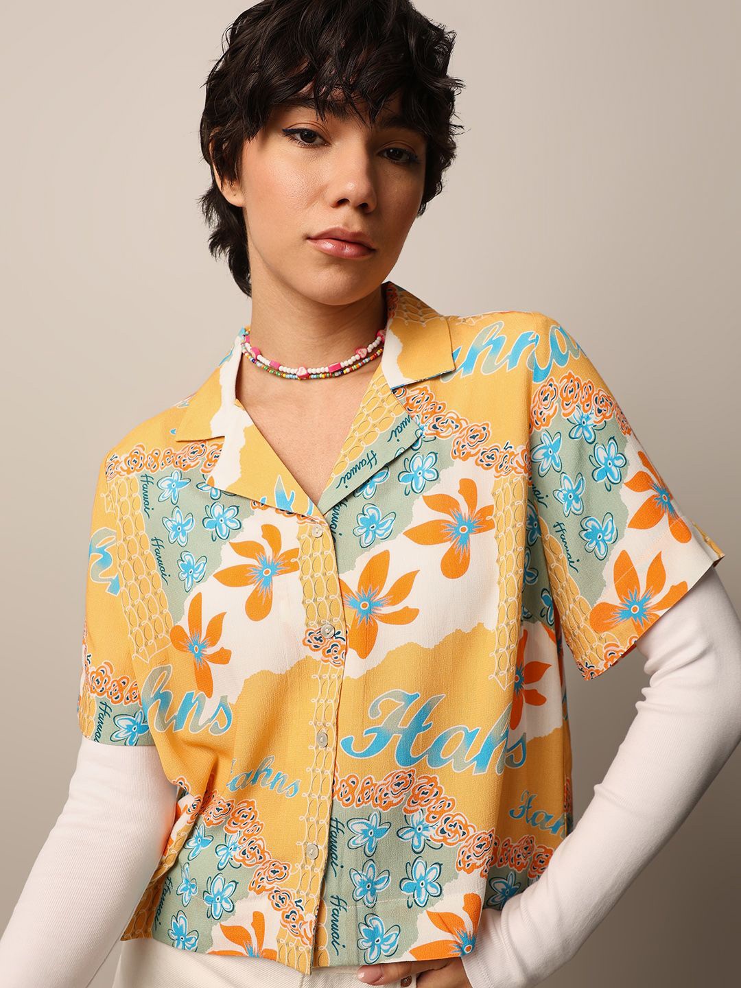 

ONLY Women Cuban Collar Floral Printed Casual Shirt, Yellow
