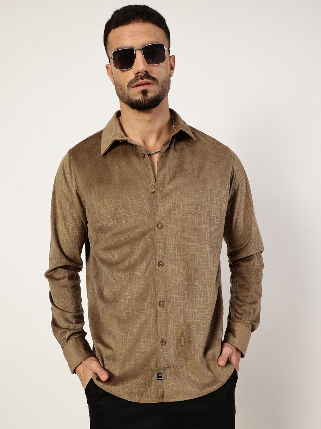 

Thomas Scott Men Premium Spread Collar Textured Slim Fit Casual Shirt, Khaki