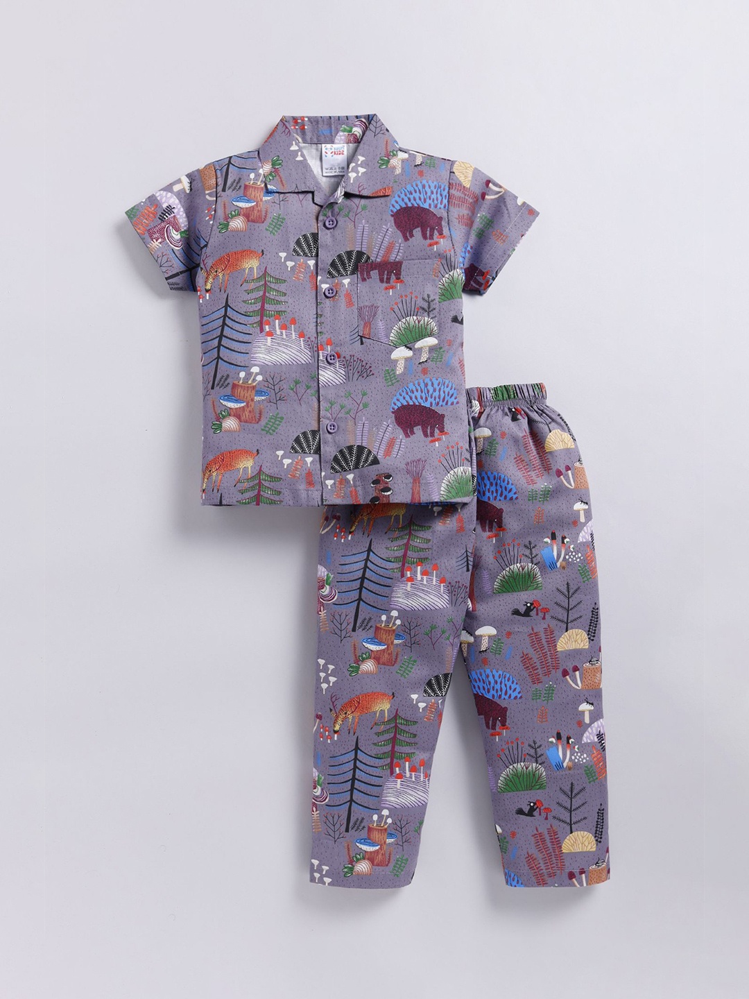 

NAUTI KIDZ Boys Pure Cotton Shirt Collar Printed Night Suit, Grey