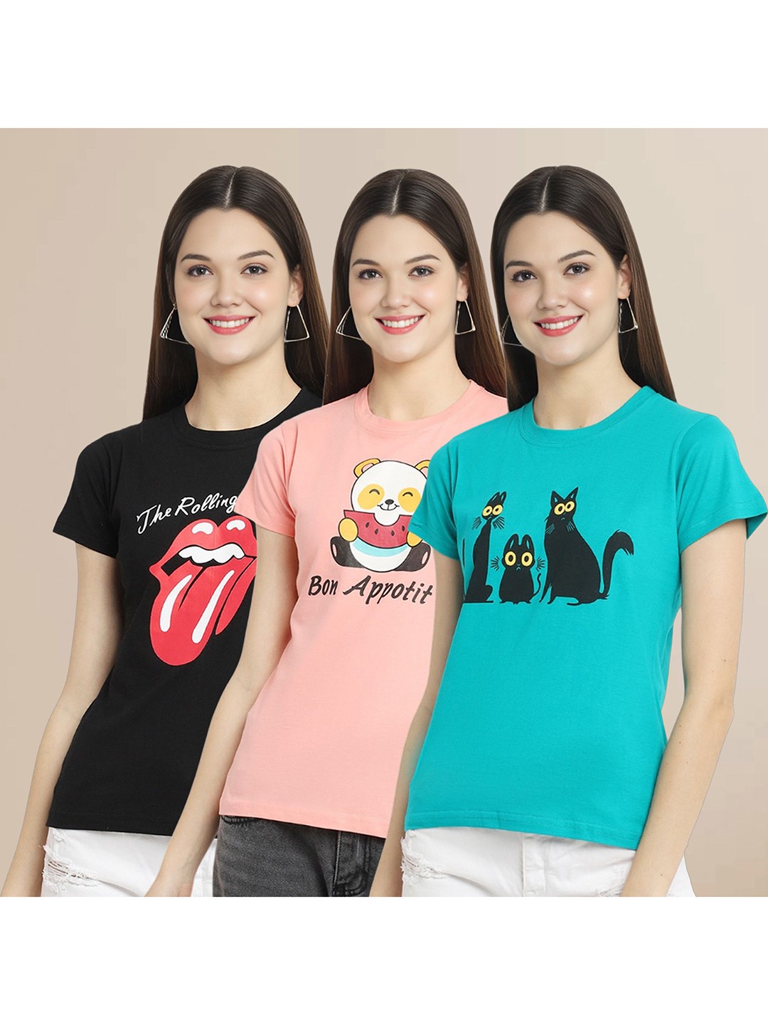 

Metronaut Women Pack Of 3 Typography Printed Round Neck Cotton T-shirts, Black