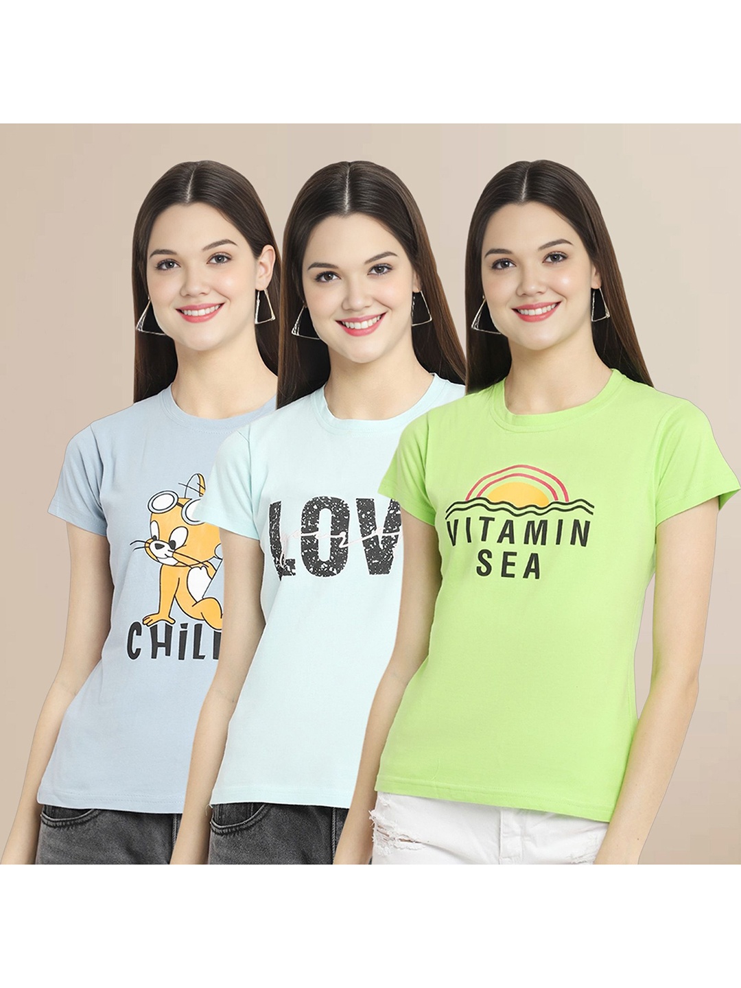 

Metronaut Women Pack Of 3 Graphic Printed Round Neck Cotton Tom & Jerry T-shirts, Blue