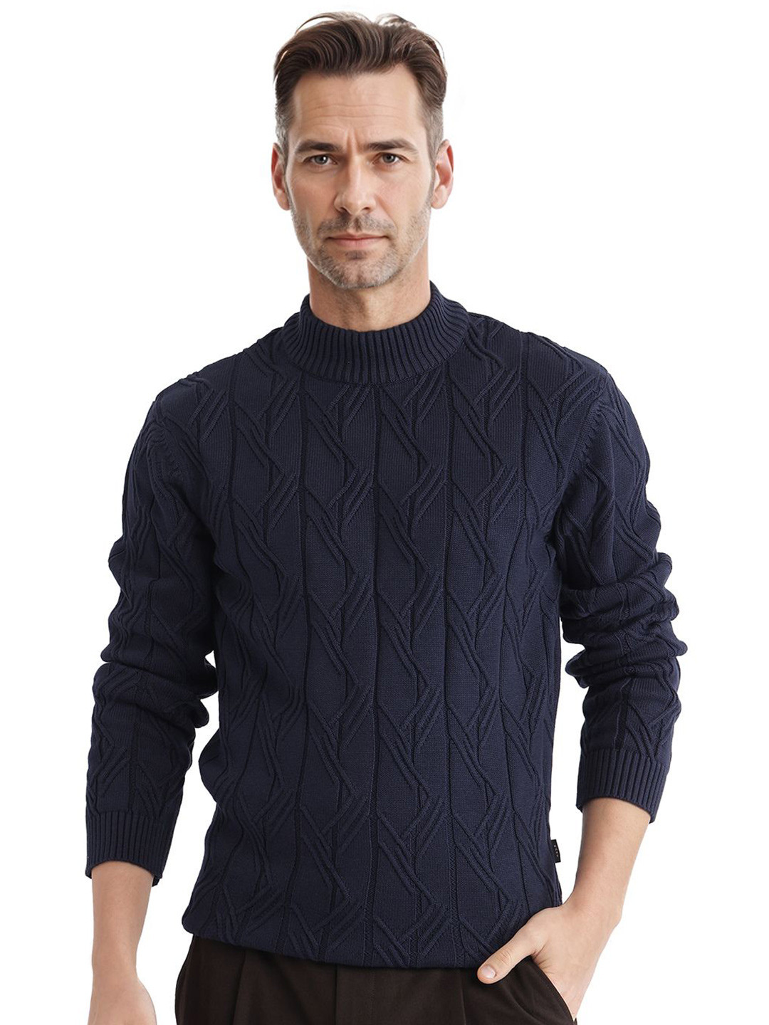 

RARE RABBIT Men Cable Knit Cotton Pullover, Navy blue