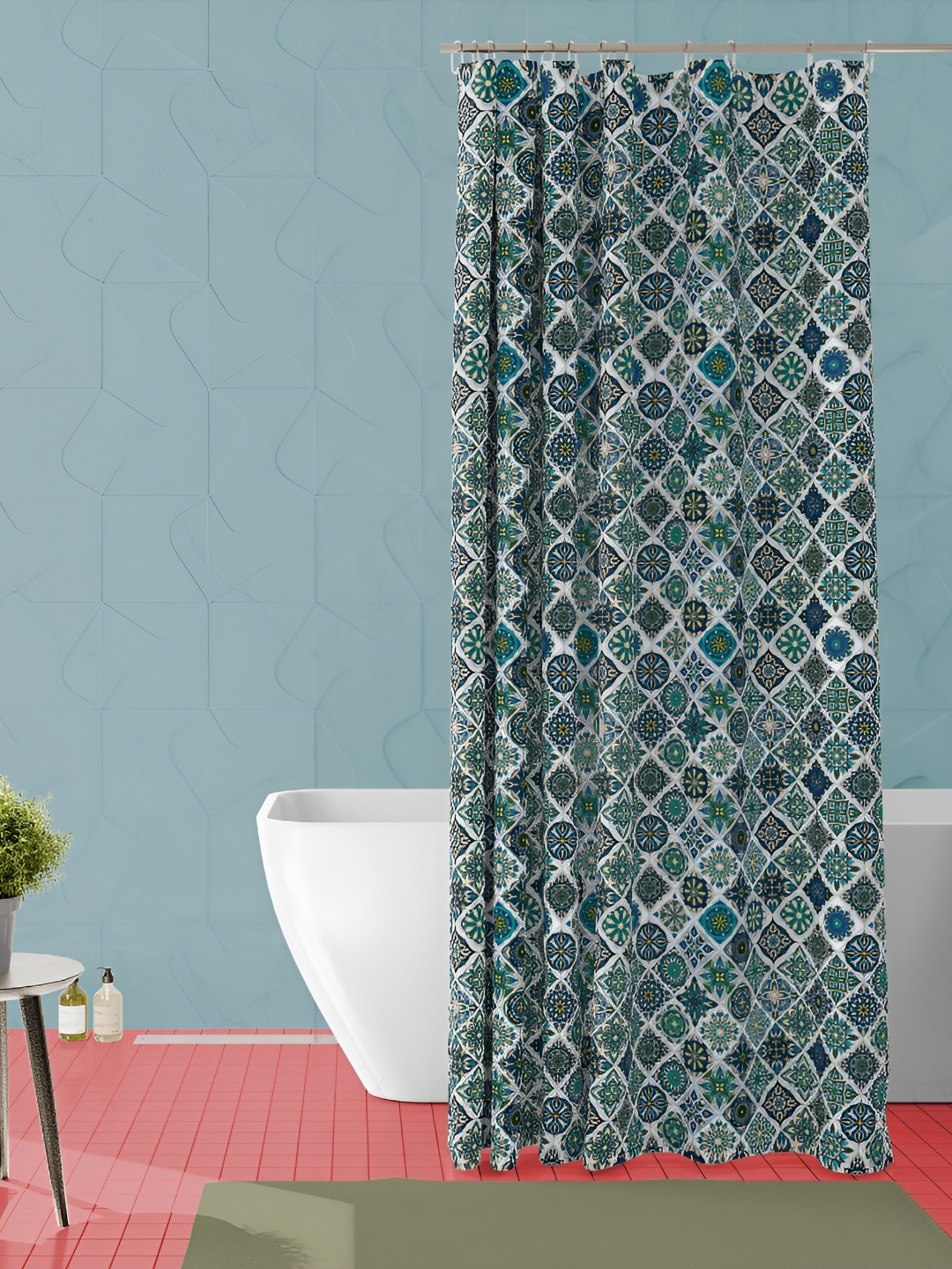 

ArtzFolio Teal & Blue Ethnic Motifs Printed Waterproof Shower Curtain