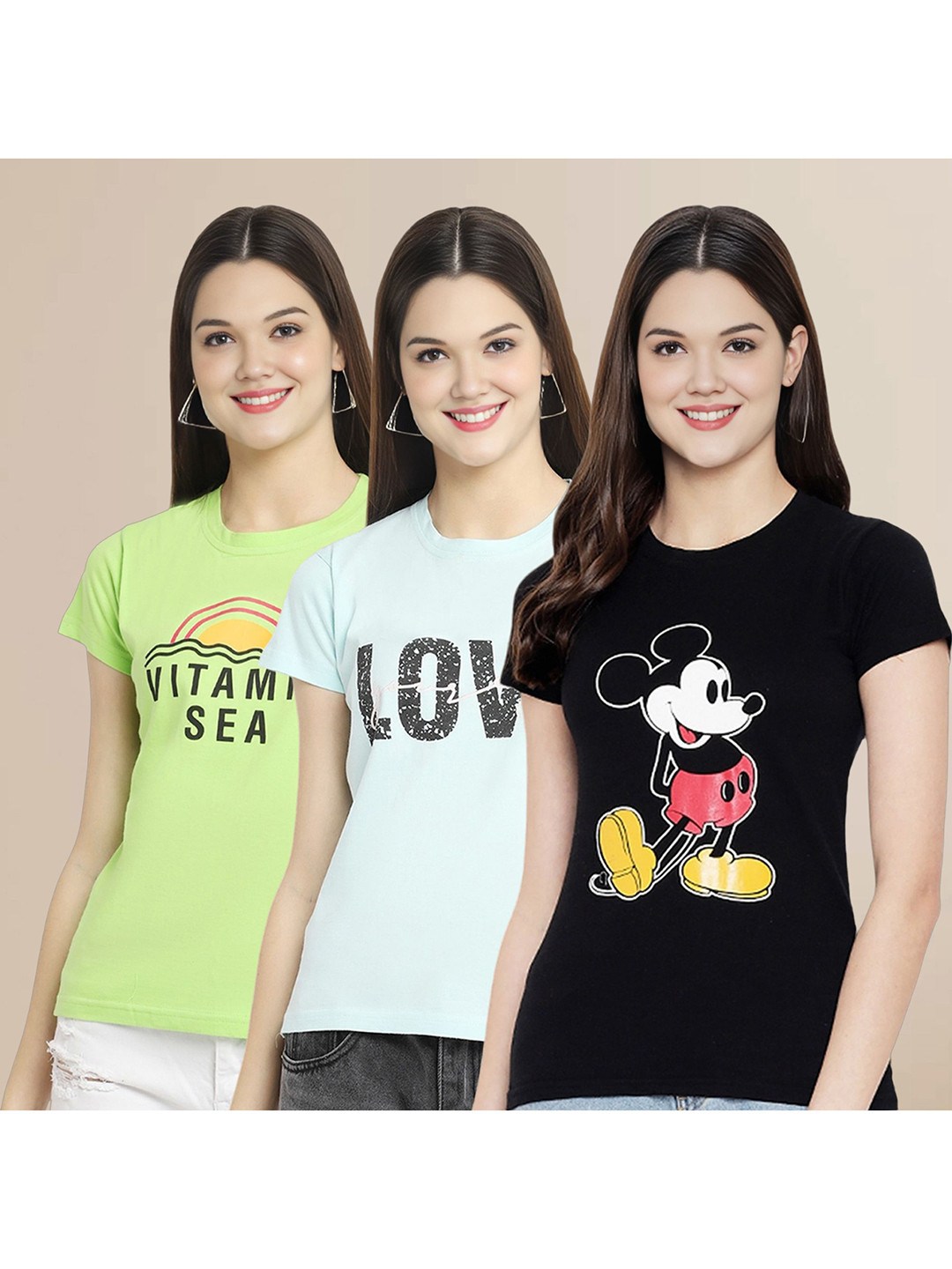 

Metronaut Women Pack Of 3 Graphic Printed Round Neck Cotton Mickey Mouse T-shirts, Green